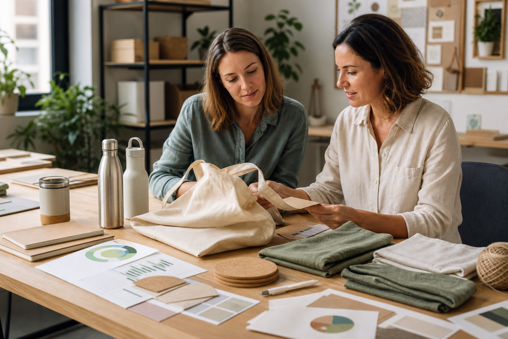 Sélection d’objets publicitaires éco-responsables en inox, coton biologique, papier recyclé et liège