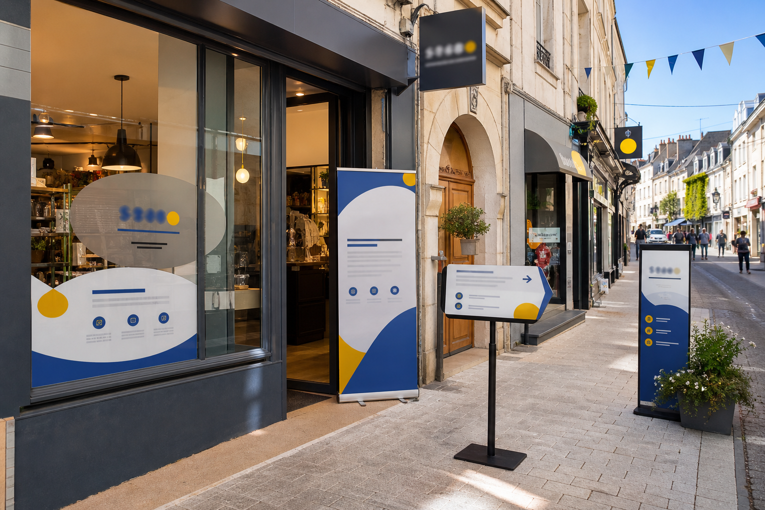Boutique locale équipée d’une vitrophanie, d’un roll-up et d’un totem de signalétique